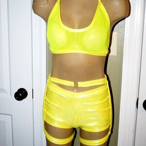 Neon yellow Hologram + sheer shorts- straps 4 piece set, exotic dancer